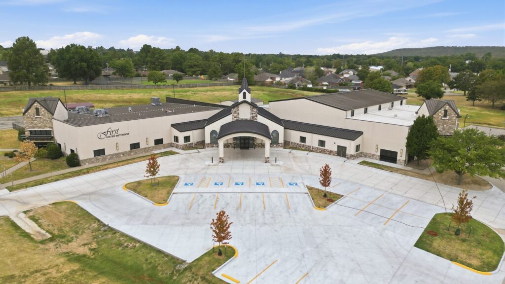 Elevated view of the church campus and parking lot