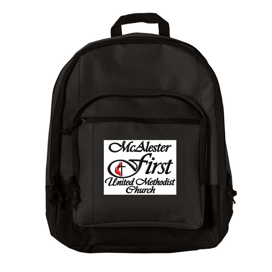 Black backpack printed with the McAlester First United Methodist Church logo