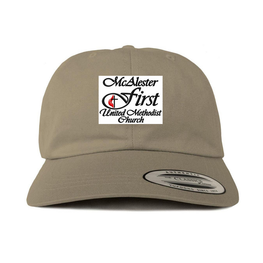 Khaki baseball cap printed with the McAlester First United Methodist Church logo