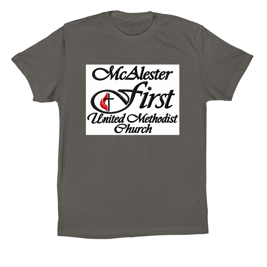 Gray t-shirt printed with the McAlester First United Methodist Church logo