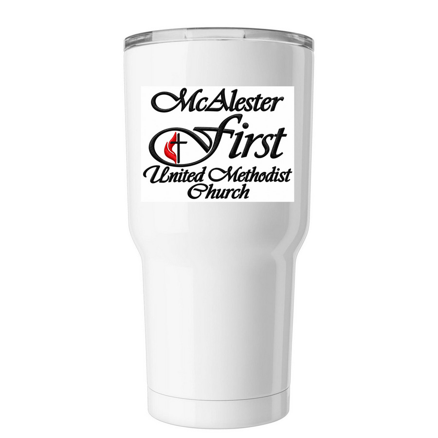 White insulated tumbler printed with the McAlester First United Methodist Church logo